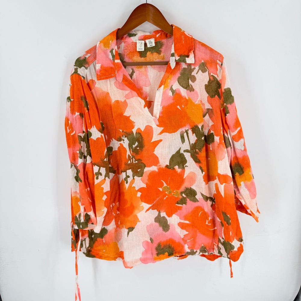 Joie Floral 100% Linen Top Orange 2X Tropical Boho Summer Plus Size Breathable